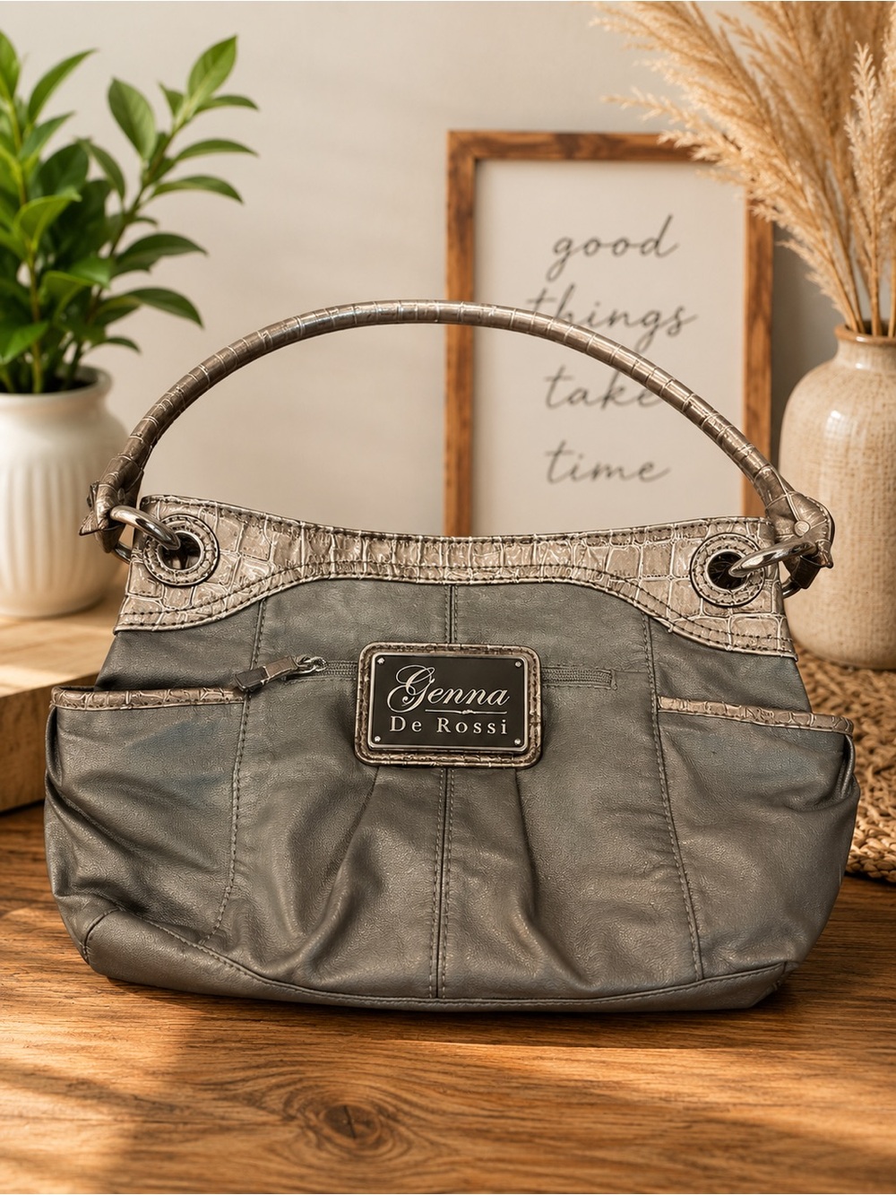 Genna De Rossi Gray Faux Leather Shoulder Bag Croc Trim Handbag